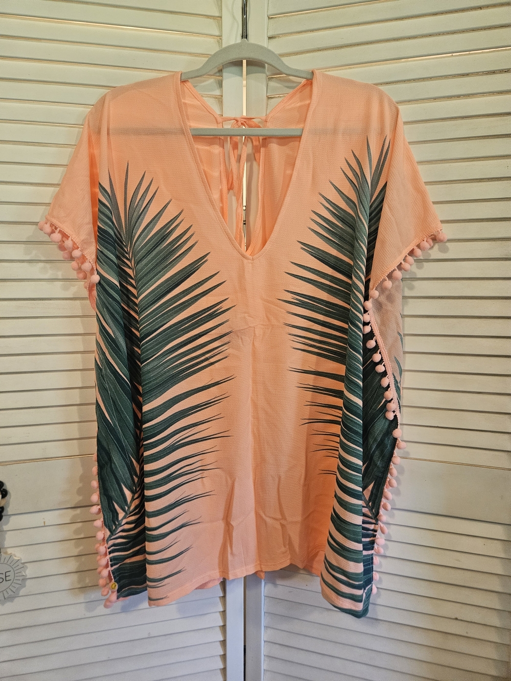 Xhilaration Peach Palm-Print Swim Coverup with Pom-Pom Trim